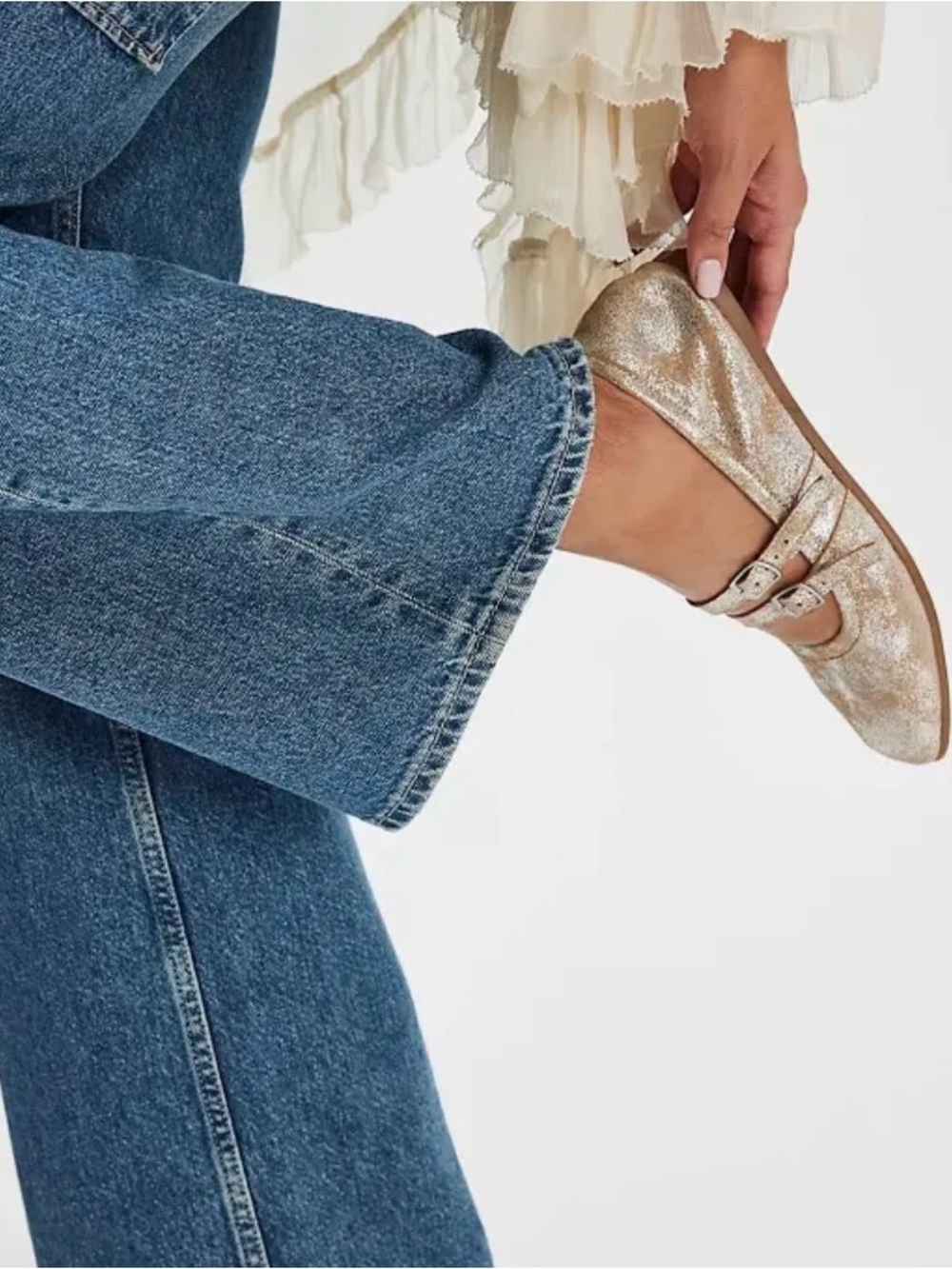Free People Metallic Gold Double-Strap Mary Jane Flats